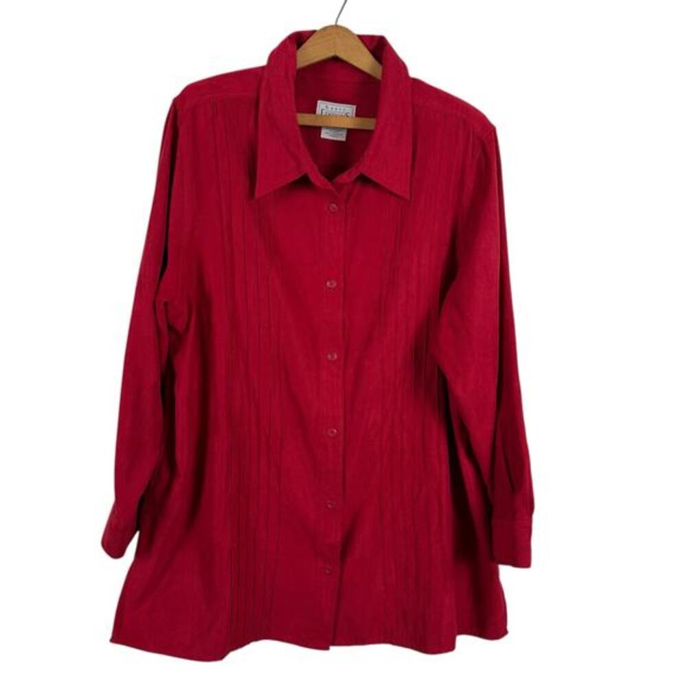 Basic Editions Women Red Faux Suede Tunic Top 1X Button Up Holidays Winter Work
